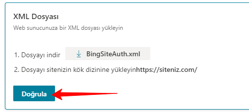 Bing XML Dosyası ile Site Doğrulama