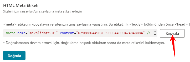 Bing html meta etiketi ile site doğrulama